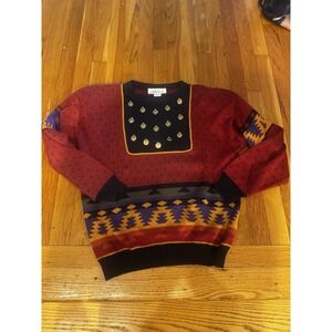 Vintage Antara Sweater Southwestern Sz‎ 6 Coin Medallion Knit Black Red Aztec